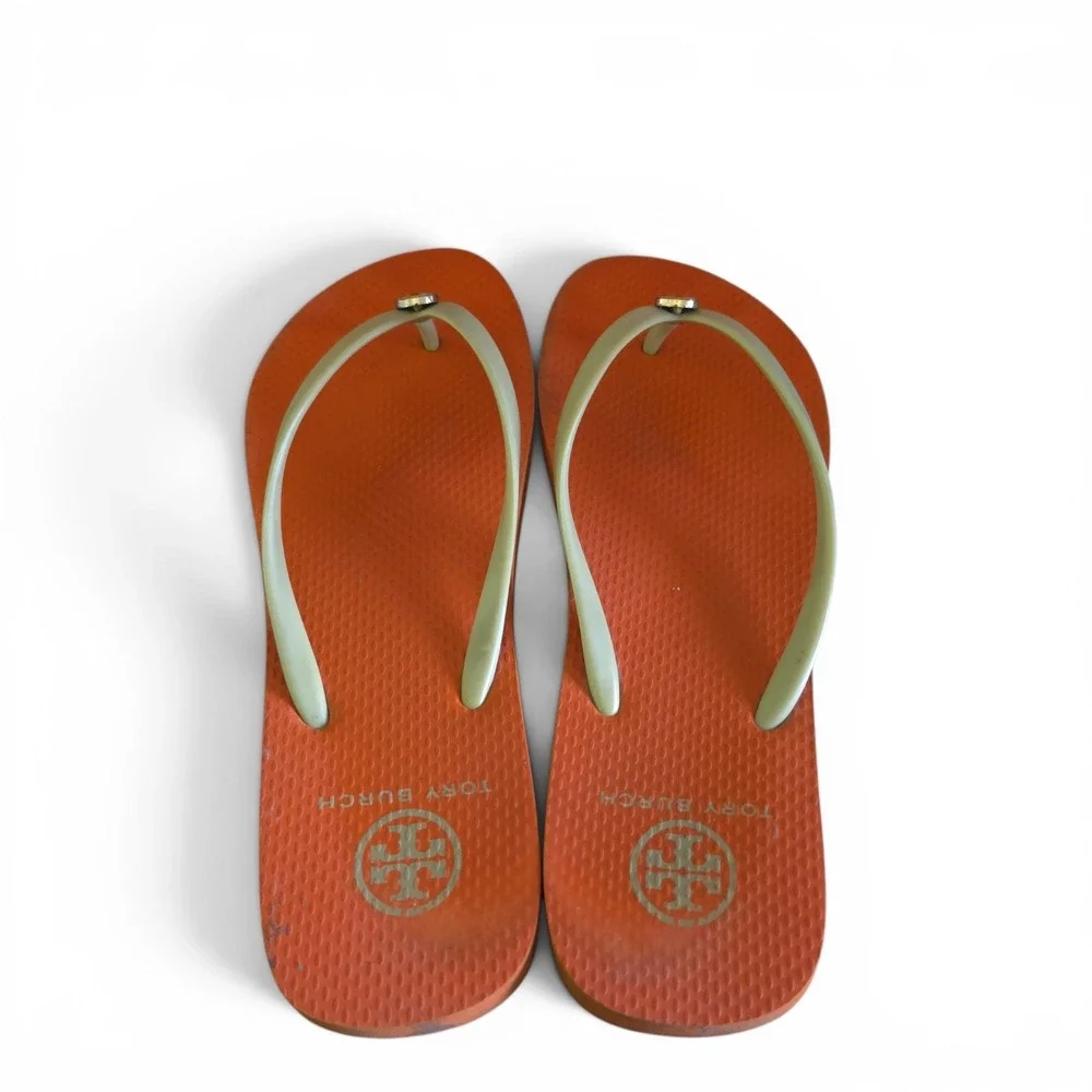 Tory Burch Womens Size 8 Khaki Fanta Orange Thin Flip Flops Sandals With Box